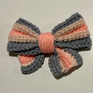 Pink and Gray Crochet Bow Hair Clip